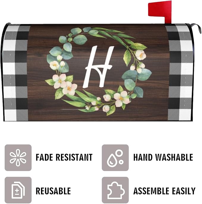 Wreath Monogram Letter H Mailbox Covers, Buffalo Plaid Outdoor Magnetic Mailbox - Image 3