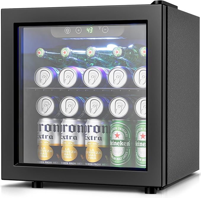 50 Cans Beverage Refrigerator Cooler, 1.3 Cu.Ft Mini Fridge with Glass Door for Soda Beer Drink Wine, Countertop Small Fridge for Bedroom Dorm Office Home Bar, Black-DeskLoop Office