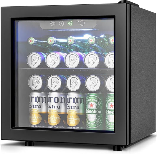 50 Cans Beverage Refrigerator Cooler, 1.3 Cu.Ft Mini Fridge with Glass Door for Soda Beer Drink Wine, Countertop Small Fridge for Bedroom Dorm Office Home Bar, Black-DeskLoop Office
