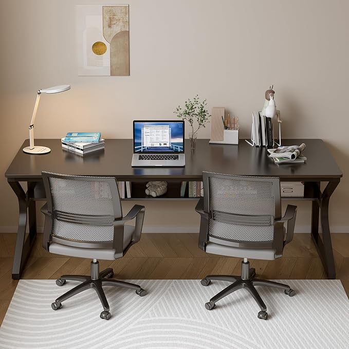 Extra Long Desk with Bookshelf - 71" Double Long Writing Table for 2-Person Workstation, Modern Study Work Computer Desk for Home and Office, Black-DeskLoop Office