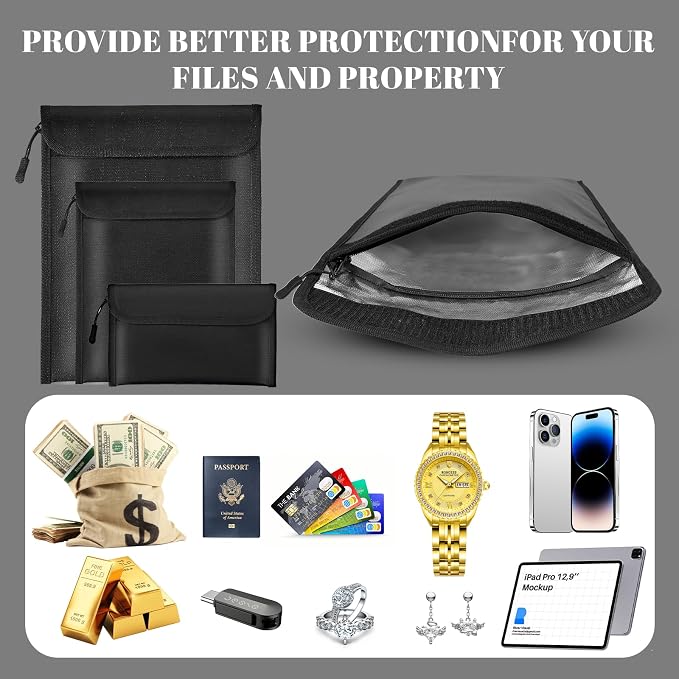 Lihengkong Fireproof Waterproof Document Bag 3-Pack Black 2000℉ Money Bag - Image 6