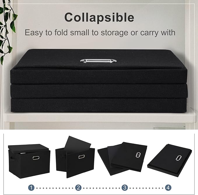 Large 17" 36 Quart Collapsible Stackable Storage Bins with Lids, 1 Pack Black Foldable Fabric Closet Storage Boxes with Lids, 4 Handles Heavy-duty Linen Cube Baskets for Bedroom-DeskLoop Office