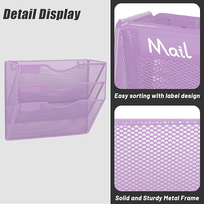 EASEPRES 3 Pocket Mesh Hanging Wall File Organizer, Wall Mounted Mail Paper Document Folder Holder, Clipboard Storage Organization Magazine Rack with Nametag Label for Office Home School, Light Purple-DeskLoop Office