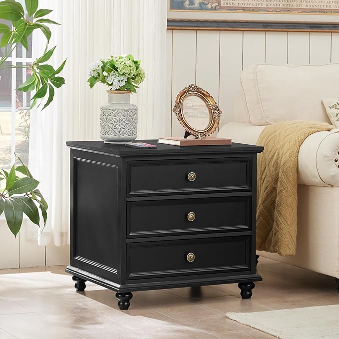 24" Wide Farmhouse Night Stand,Large End Table with 3 Drawers & Metal Handle,Black Wood Dresser for Bedroom Cabinet, Bed Side Tabl·e Chest of Drawers,Nightstand for Living Room,Close-DeskLoop Office