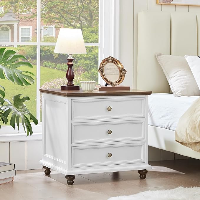 24" Wide Farmhouse Night Stand Set of 2,Large End Table with 3 Drawers & Metal Handle,White Wood Dresser for Bedroom Cabinet, Bed Side Table Chest of Drawers,Nightstand for Living Room,Closet-DeskLoop Office