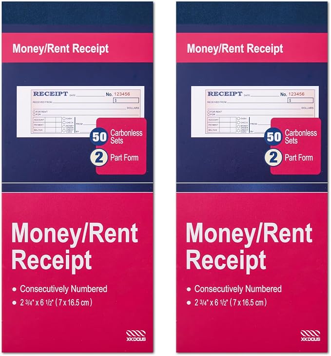XKDOUS 2 Pack Money and Rent Receipt Book, 2-Part Carbonless, 2-3/4" x 6-1/2" by XKDOUS