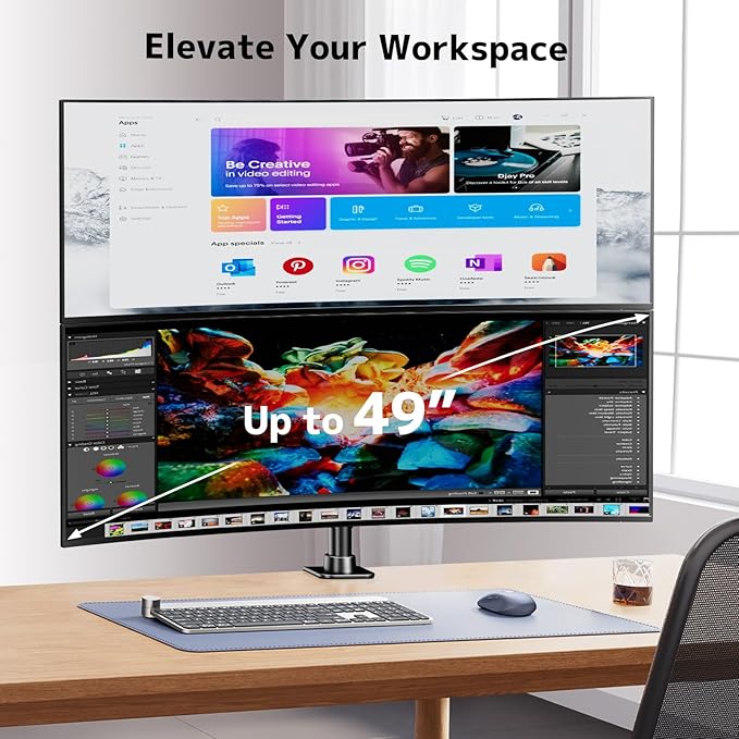 Dual Vertically Stacked Ultrawide Monitor Desk Mount 17-49 Inch - Extra Tall Heavy Duty Adjustable Monitor Arm for 2 monitores,Weight 2-20 kg per Arm,VESA 75/100 mm-DeskLoop Office