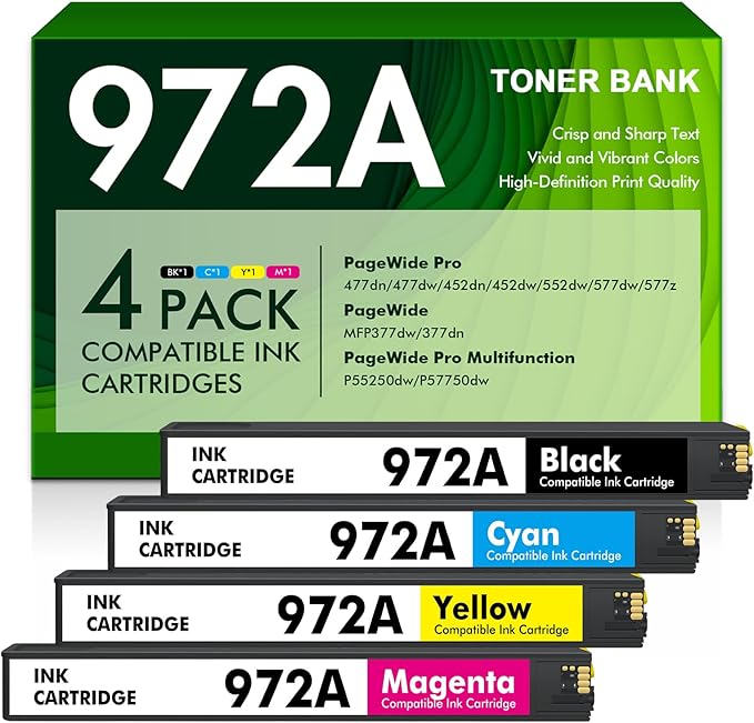 972A 972X Ink Cartridges Remanufactured Replacement for HP 972 A for HP Pagewide Pro MFP 477dw 577dw 477dn 452dn 552dn 552dw P55250dw Printer High Yield (4 Pack, Black Cyan Yellow Magenta)-DeskLoop Office