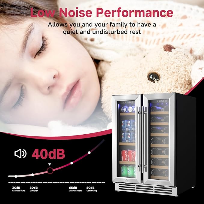 24" Wine and Beverage Refrigerator, Dual Zone Wine Cooler with Glass Door, Hold 88 Cans & 21 Bottles, Built in or Freestanding Under Counter Wine Fridge with Blue LED Light.-DeskLoop Office