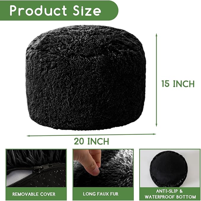 HIGOGOGO Round Stuffed Pouf Ottoman, Long Faux Fur Poufs with Foam Chunk Filling, Fluffy and Furry Pouf Foot Stool Storage Ottoman, 20 X 15 Floor Poufs Foot Rest for Living Room, Black-DeskLoop Office