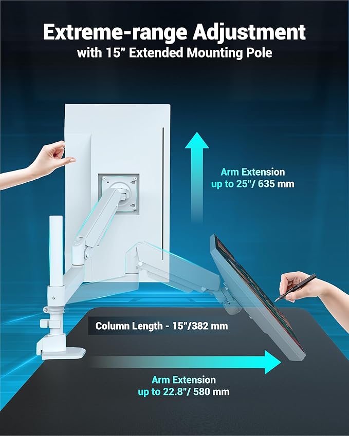 Heavy Duty Monitor Arm for 13-49 Inch Ultrawide Screens, Holds Up to 44lbs, Fully Adjustable Single Monitor Mount, with Clamp & Grommet Base, 75/100mm VESA Desk Mount, White-DeskLoop Office