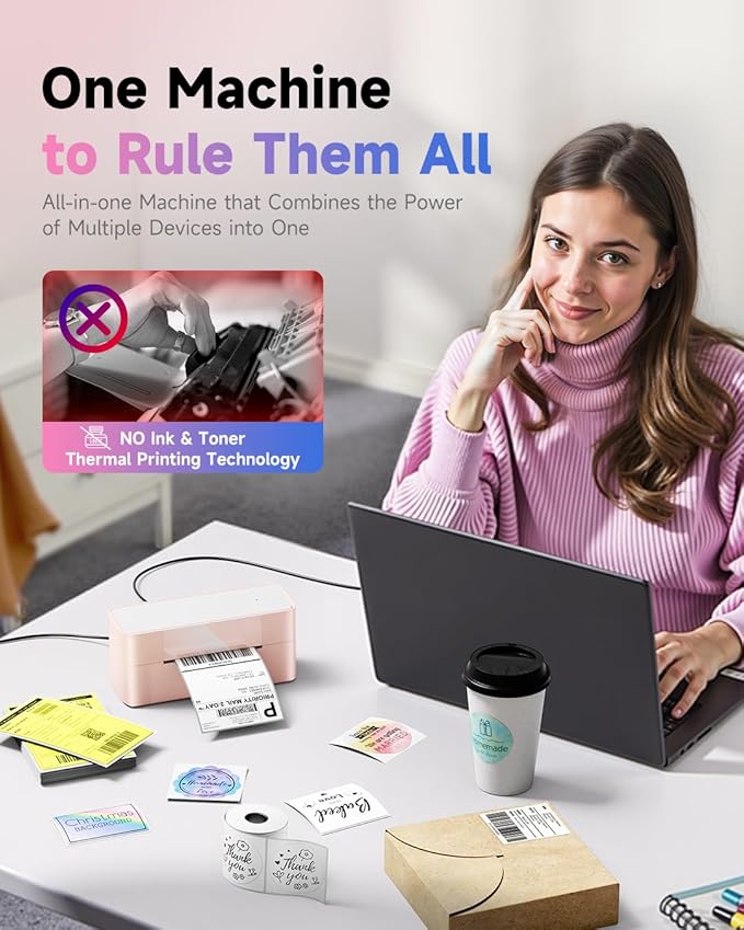 Bluetooth Thermal Label Printer Pink, Wireless 4x6 Thermal Shipping Printer Pink for Small Business & Shipping Package, Desktop Printing, Compatible with Amazon, Ebay, Shopify, Etsy, USPS-DeskLoop Office