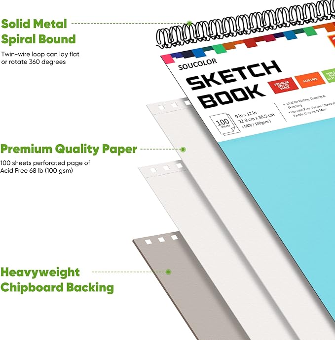Drawing Set Sketching Kit, Pro Art Supplies, Soucolor 9" x 12" Sketch Book, 1-Pack 100 Sheets Spiral Bound Art Sketchbook for Colored Pencils, Graphite, Charcoal, Metallic Pencils, Sketching Pencils-DeskLoop Office