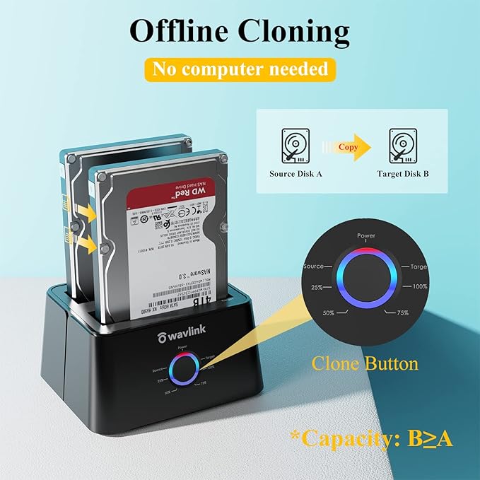 WAVLINK USB 3.0 and USB C to SATA Dual-Bay External Hard Drive Docking Station for 2.5/3.5 Inch HDD/SSD with UASP (6Gbps), Support Offline Clone/Duplicator Function [16TB X2 ]-Black-DeskLoop Office