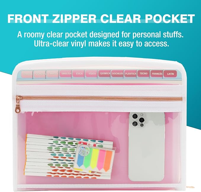 H4D Accordion File Organizer, 13 Pocket Expanding File Folder, Front Clear Pouch - Image 2