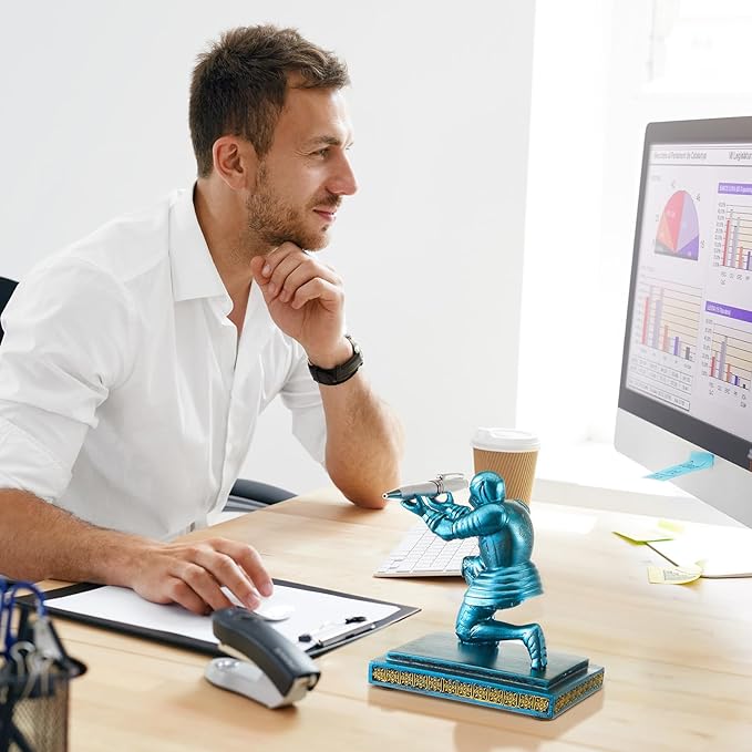 Spakon Knight Pen Holder with 2 Pens Resin Desk Organizers and Accessories Funny Executive Pen Stand Fancy Cool Office Gadgets Cool Desk Decorations for Men Home Supplies(Classic,Blue)-DeskLoop Office