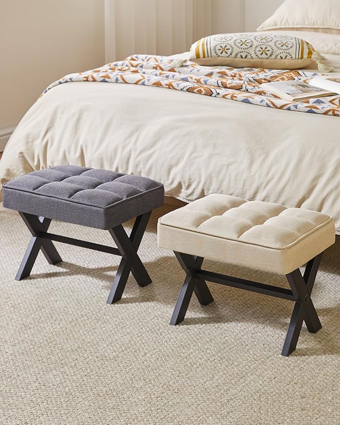 IBUYKE Small 12" H Footrest Stool, Square Linen Foot Stool with Metal X-Leg, Multi-Use as Small Side Table, Step Stool for Living Room, Bedroom, Entryway, Office, Linen WBD011Y-DeskLoop Office