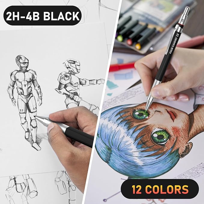 Four Candies 3PCS 2MM Mechanical Pencils with case, Artist Led Pencil Metal Lead Holder with 120 Graphite Lead Refills(HB 2H 2B 4B Color), 4 Erasers, Sharpener, Drafting Pencil for Drawing, Sketching