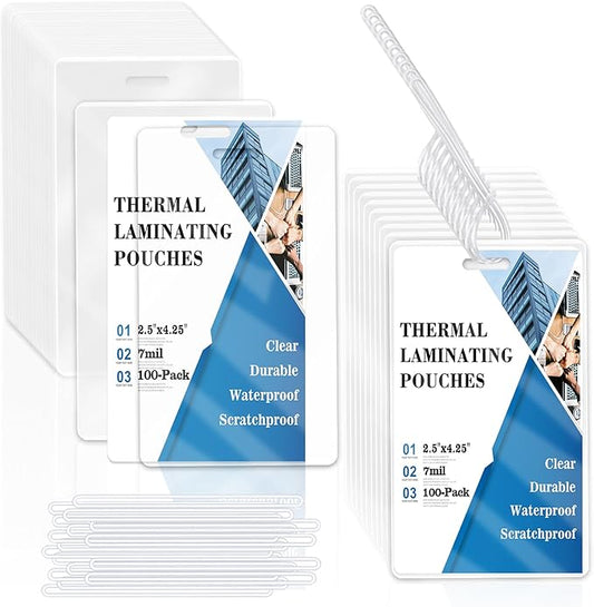 100 Pieces 7 Mil 2 1/2" x 4 1/4" Luggage Tag Laminating Pouches with Slot Hole Thermal Laminate Pouch Tags Kit Resealable for Work Permits Pass Cards Student ID Cards (100, 7 Mil)-DeskLoop Office