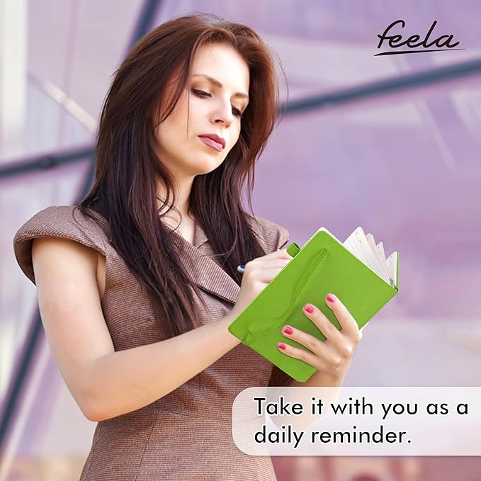 feela 5 Pack Notebooks Journals Bulk, Hardcover Notebook Classic Ruled Lined Journals with Pen Holder for Women Girls School Business Supplies, with 5 Black Pens, 120 GSM, 5.1”x8.3”, A5, Green-DeskLoop Office