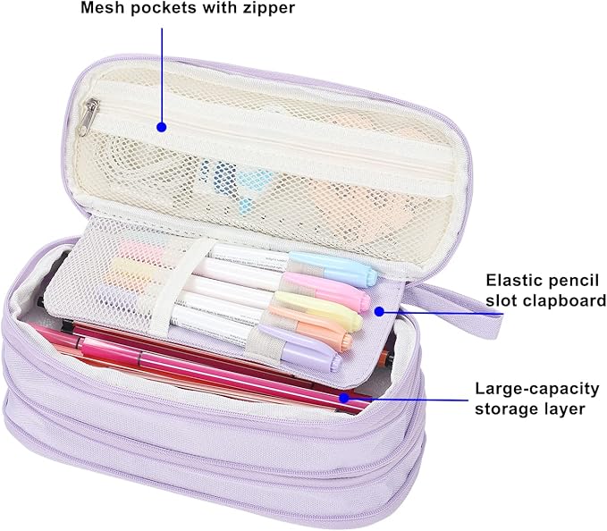 Large Pencil Case Zipper Pencil Pouch Organizer Big Capacity Pencil Bag with Handle Portable for Girls Kids Adults Gift Pen Case for School Home Office Purple-DeskLoop Office