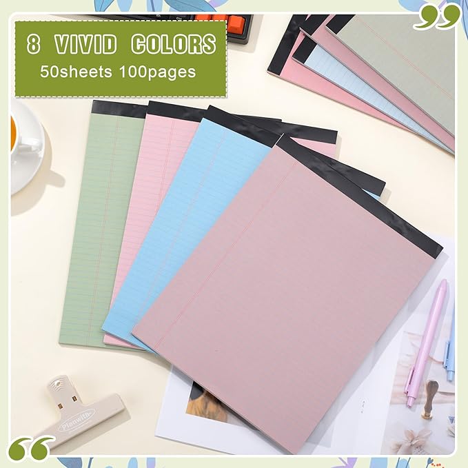 Fuutreo 8 Pcs 8.5'' x 11'' Colored Legal Pad Writing Pads Narrow Ruled 50 Sheets Per Notepad Perforated Writing Notepad Office Supplies for College Office Business (Earthy Color)-DeskLoop Office