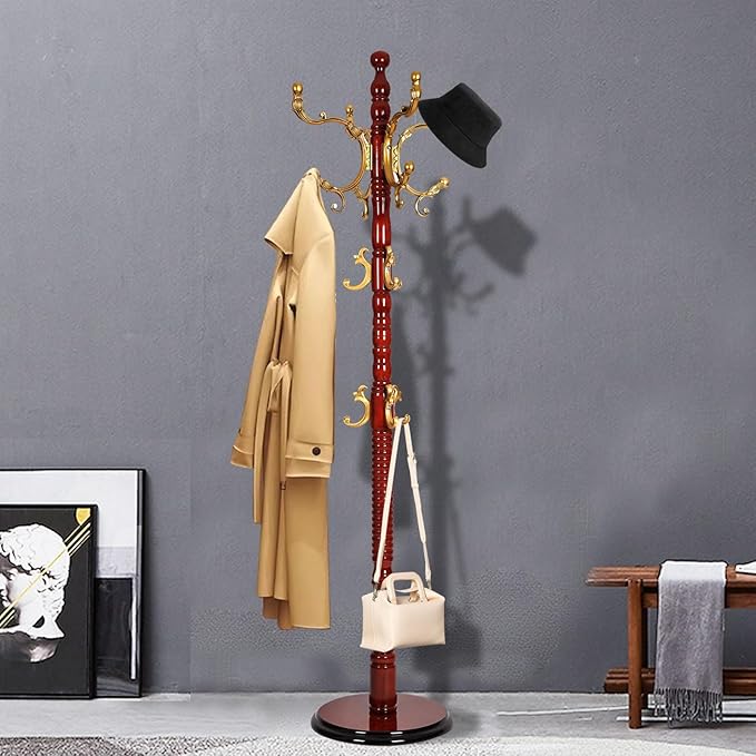 Coat Racks Free Standing with 14 Hooks, Natural Wood Coat Rack with Solid Round Base, Adjustable Height Coat Racks, Easy Assembly for Hallway, Bedroom and Office (Begonia color)-DeskLoop Office
