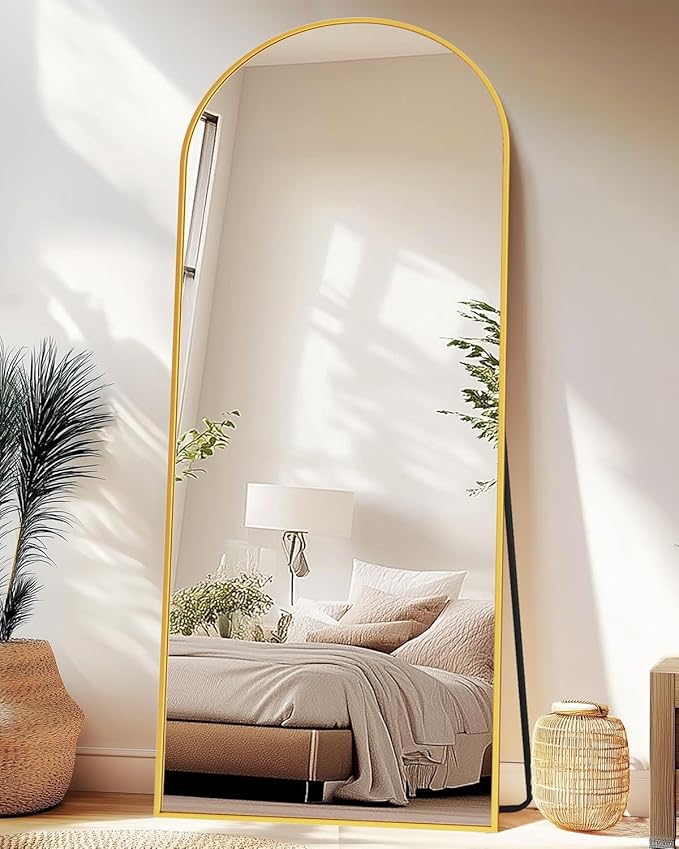 Full-Length Floor Mirror with Stand, 58"x18" Arched Style Full Body Standing Mirror for Bedroom, Living Room, Gym, Dorm - Shatter-Resistant & Easy Assembly, Gold-DeskLoop Office