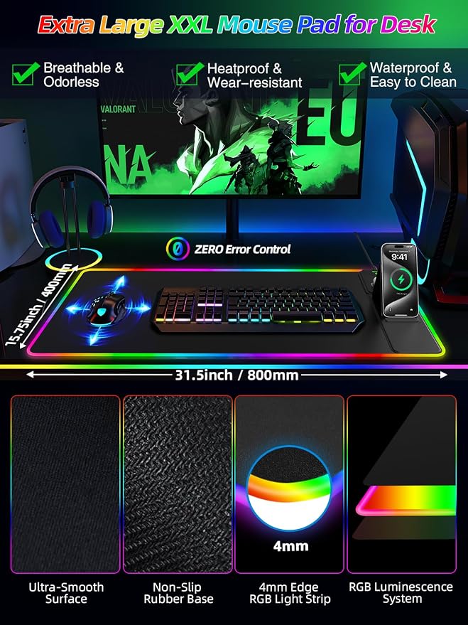Mouse Pad with Foldable Phone Holder & Wireless Charger, XXL RGB Gaming - Image 5