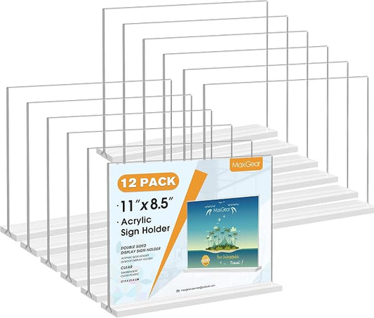 MaxGear Acrylic Sign Holder Horizontal Double Sided Display Stand 12 Pack | by MaxGear