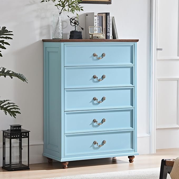 Farmhouse 5 Drawer Dresser for Bedroom, 45" Tall Rustic Chests of Drawers w/ 4 Solid Wood Feet, Mid Century Modern Wooden Closet Storage Dressers Organizer for Living Room, Hallway, Light Blue-DeskLoop Office