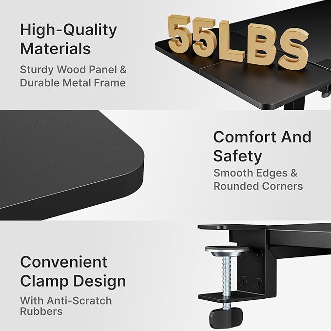 Desk Extender Tray, 28" x 12" Clamp On Desk Shelf, Desk Extension with Laptop Holder, Table Desk Arm Rest, Clamp On Keyboard Tray for Office and Home, Workstation Organizer, Large, Black