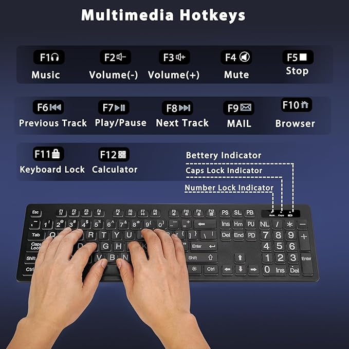 Large Print Backlit Wireless Keyboard, 2.4G Silent Wireless Light Up Keyboard, Full Size Computer Keyboards with 7 Colored Backlits, Rechargeable Keyboards for Windows, PC, Laptop-DeskLoop Office