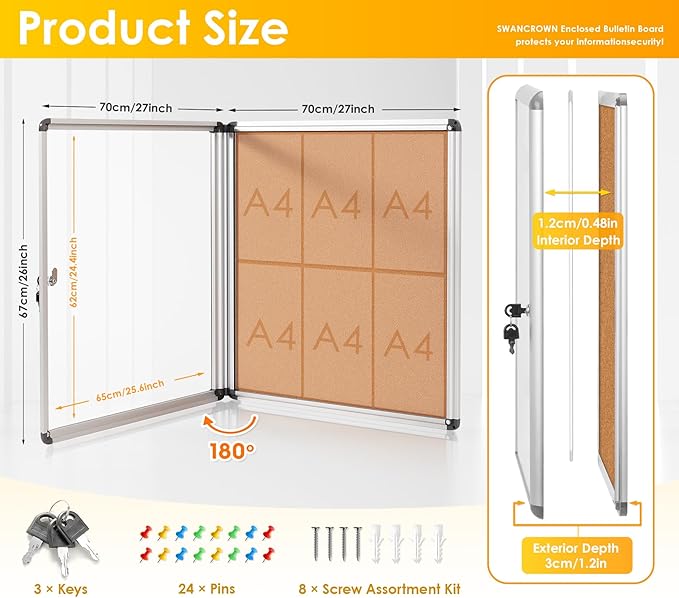 SWANCROWN Enclosed Cork Bulletin Boards Wall-Mounted Noticeboard Protective Display Case for Retail School Apartment 28x26 inch (6xA4)-DeskLoop Office