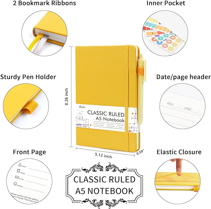 feela 24 Pack Journal Notebook for Work, Business Notebook Bulk Hardcover Lined Writing Journal with Pen Holder for Men Women Note Taking, with 24 Black Pens, 120 GSM, 5.1”x8.3”, A5, Yellow-DeskLoop Office