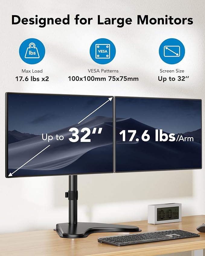 HUANUO 32 inches Dual Monitor Stand up to 17.6lbs per Arm, High-Grade Aluminum Free-Standing Dual Monitors Mount for 2 Screens. Fully Adjustable Dual Monitor Stand for Desk with Tilt, Swivel, Rotation-DeskLoop Office