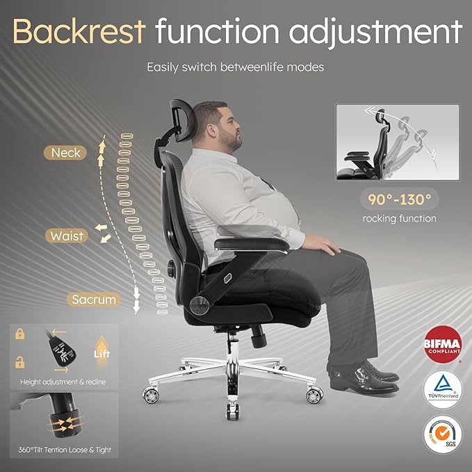 750lbs Big and Tall Office Chair- Heavy Duty Executive Chair with 5D Flip Arms and Adjustable Lumbar Support, Ergonomic Mesh High Back Desk Chair, Ergonomic Executive Home Office Computer Chair-DeskLoop Office
