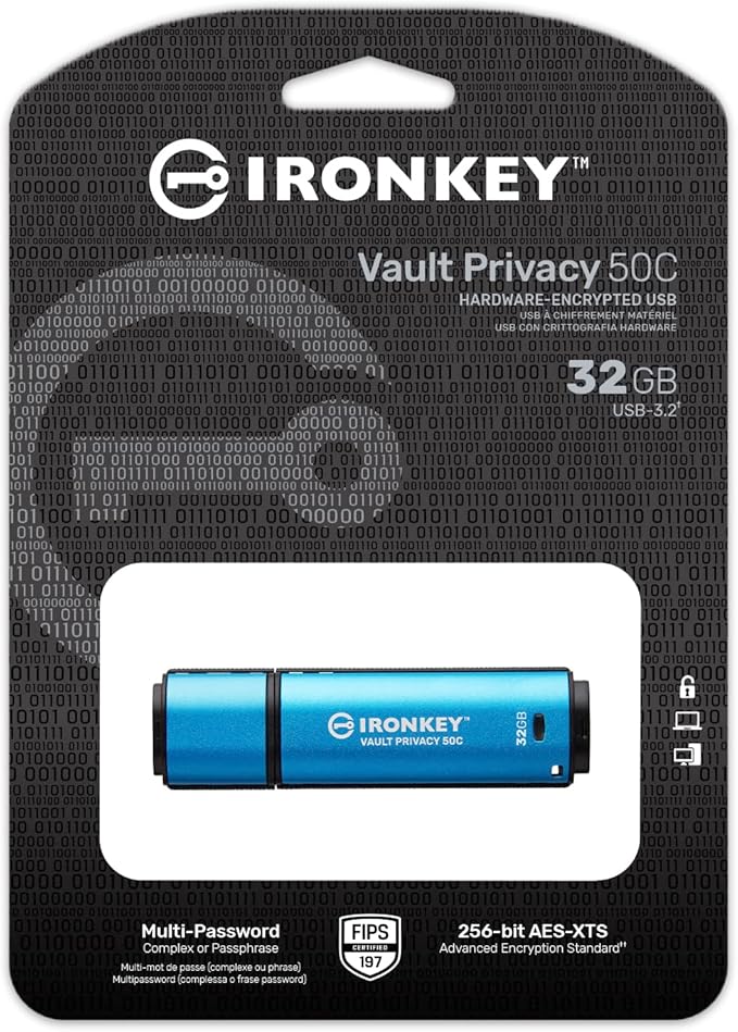 Kingston Ironkey Vault Privacy 50 USB-C 32GB Flash Drive | FIPS 197 Certified | XTS-AES 256-bit | BadUSB and Brute Force Protection | Mult-Password Option | IKVP50C/32GB-DeskLoop Office
