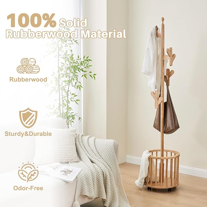 Uniclinens Solid Wood Coat Rack Freestanding with Umbrella Holder, Tree Coat Rack Stand with Lockable Universal Casters & 12 Hooks for Entryway Bedroom, Natural-DeskLoop Office