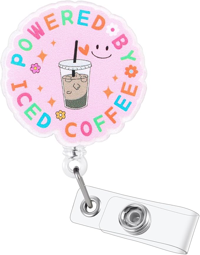 Powered by Iced Coffee Funny Pink Nurse Badge Reel, Cute Retractable ID Card by LINAYOHA