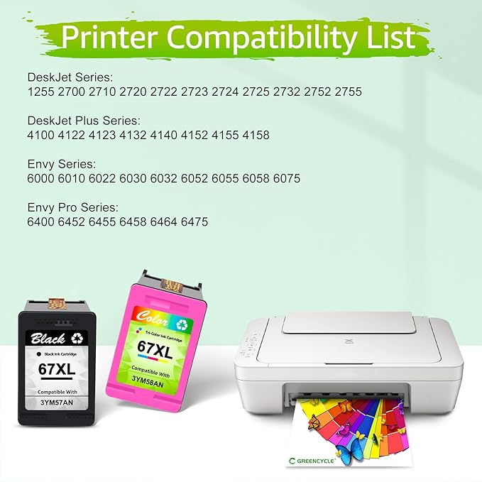 greencycle 67XL Remanufactured Ink Cartridge Compatible with HP 67 XL DeskJet 1255 2722 DeskJet Plus 4122 4123 4132 Envy 6052 6055 Envy Pro 6452 6455 Printers (Black 1 Pack, Tri-Color 1 Pack)-DeskLoop Office