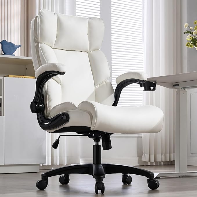Big and Tall Office Chair 500lbs Wide Seat Executive Office Desk Chair High-Back Office Task Chair with Flip-Up Armrest, Ergonomic Lumbar Support Computer Office Chairs for Heavy People(White)-DeskLoop Office