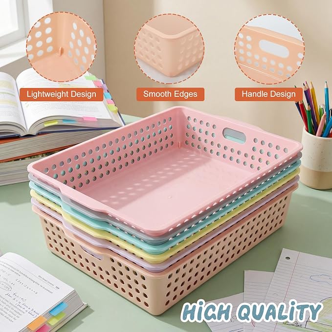 Tenceur 6 Pcs Plastic Classroom Storage Baskets, Pastel Stackable Paper Baskets - Image 3