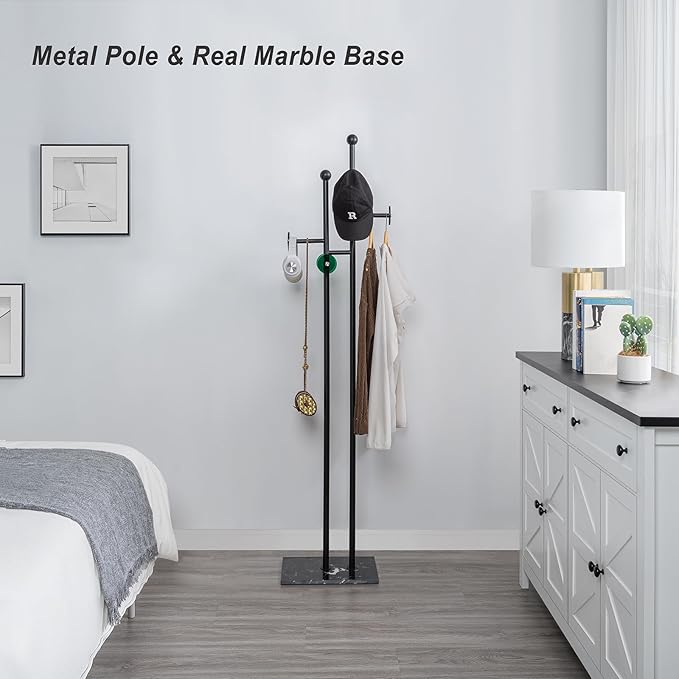 Free Standing Coat Rack with Marble Base & 8 Hooks Heavy Duty Clothes Rack for Entryway Bedroom Living Room Hotel 14.96 x 10.24 x 68.9 Inches (Black)-DeskLoop Office