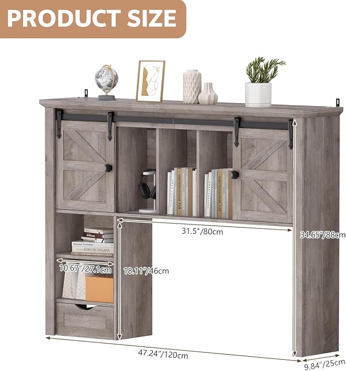 Large Desktop Bookshelf with Sliding Barn Door, 47.2''W Desk Shelf Display Rack - Image 2