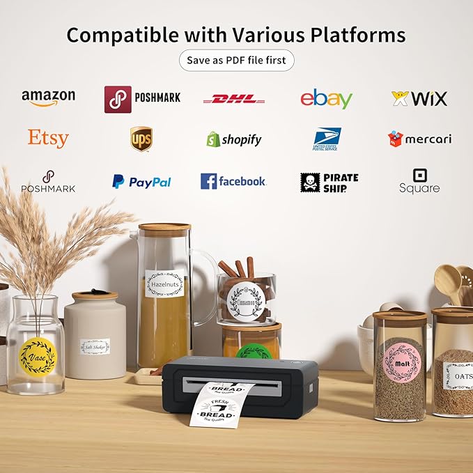Bluetooth Thermal Shipping Label Printer, 4X6 Inkless Label Machine for iOS, Android, Laptop, Wireless Printer for Small Business, Compatible with Amazon, UPS, Shopify, Black-DeskLoop Office