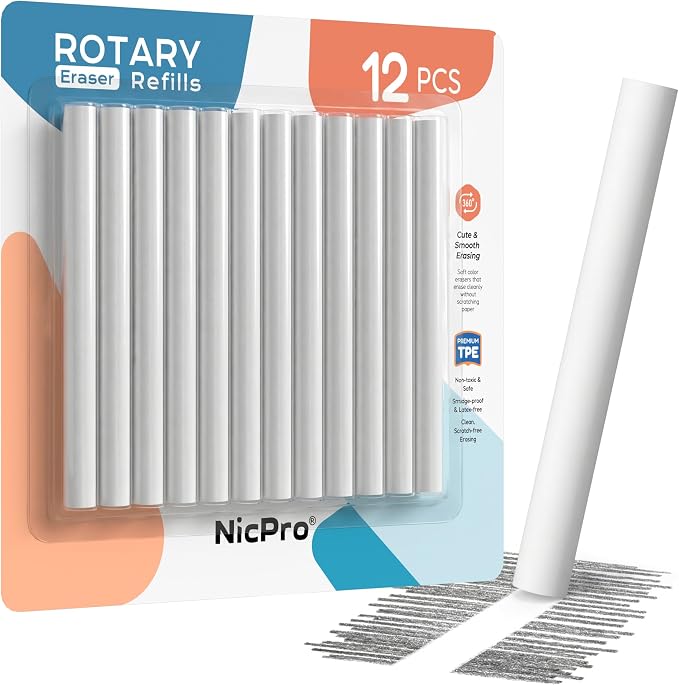 Nicpro 12 Pack TPE Rotary Retractable Pen Eraser Refills, Powerful Erasing by Nicpro