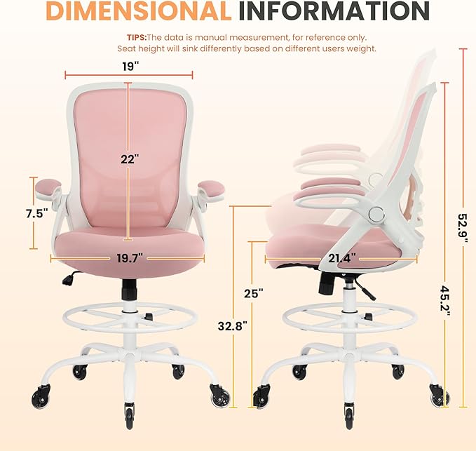HYLONE Drafting Chair Tall Office, Ergonomic Standing Desk Stool Adjustable Drafting Chair Big Tall Drafting Office Chair Pink-DeskLoop Office