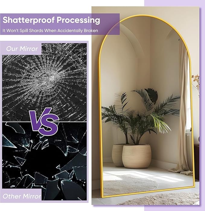 Full Length Mirror, 91"x46" Oversized Floor Mirror Freestanding, Full Body Mirror Floor Standing Mirrors with Stand, Hanging Mounted Mirrors for Bedroom Living Room, Gold, Arched Style-DeskLoop Office