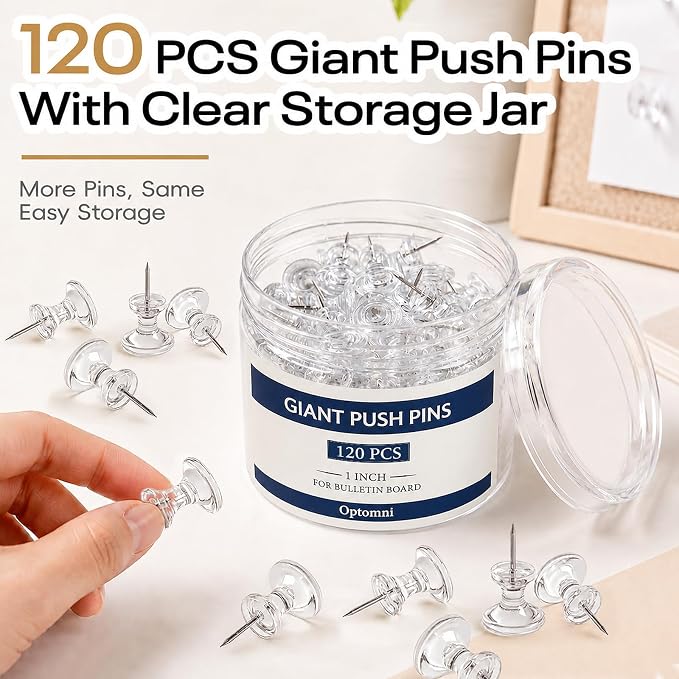 Optomni Giant Push Pins 120 PCS, 1 Inch Large Clear Push Pins Bulk Pack - Image 7